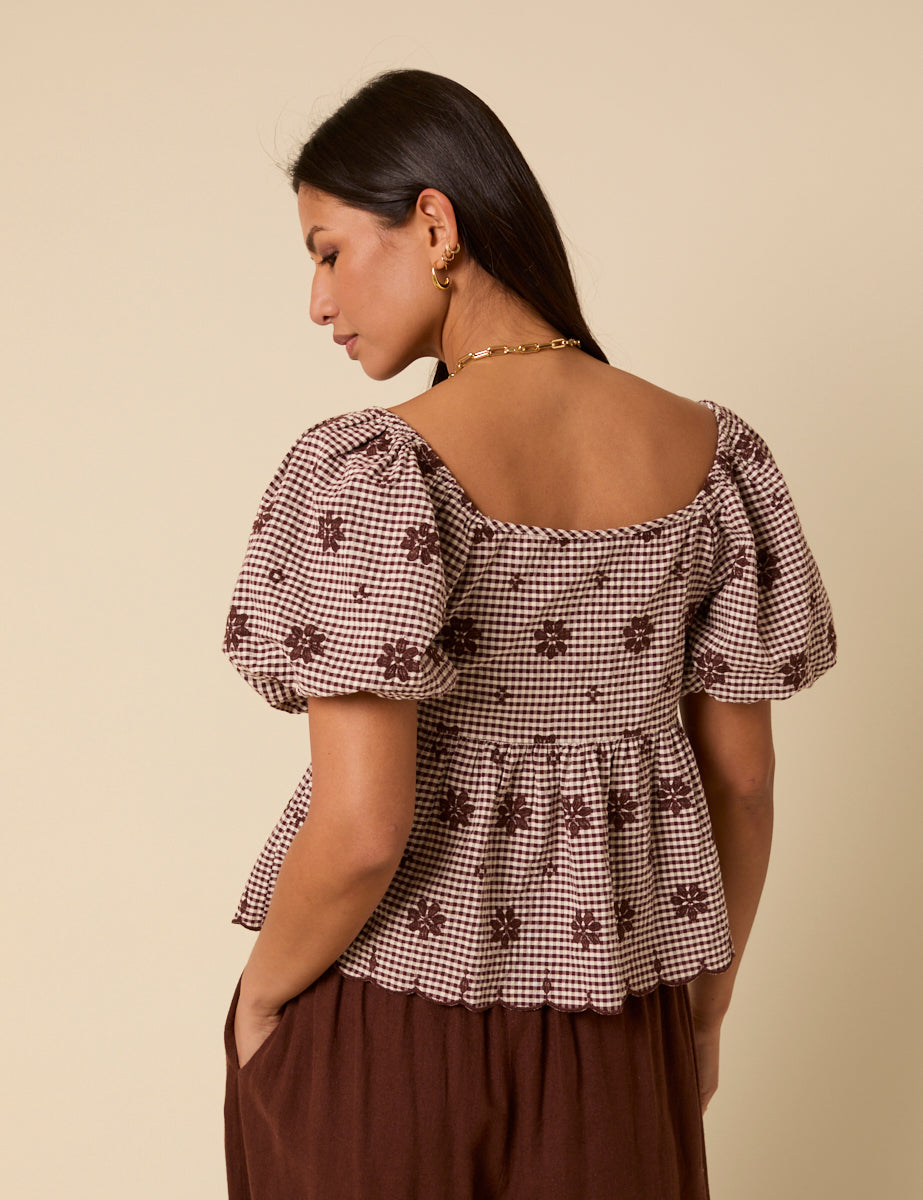 Brown Gingham Embroidered Top