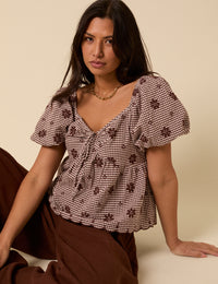 Brown Gingham Embroidered Top
