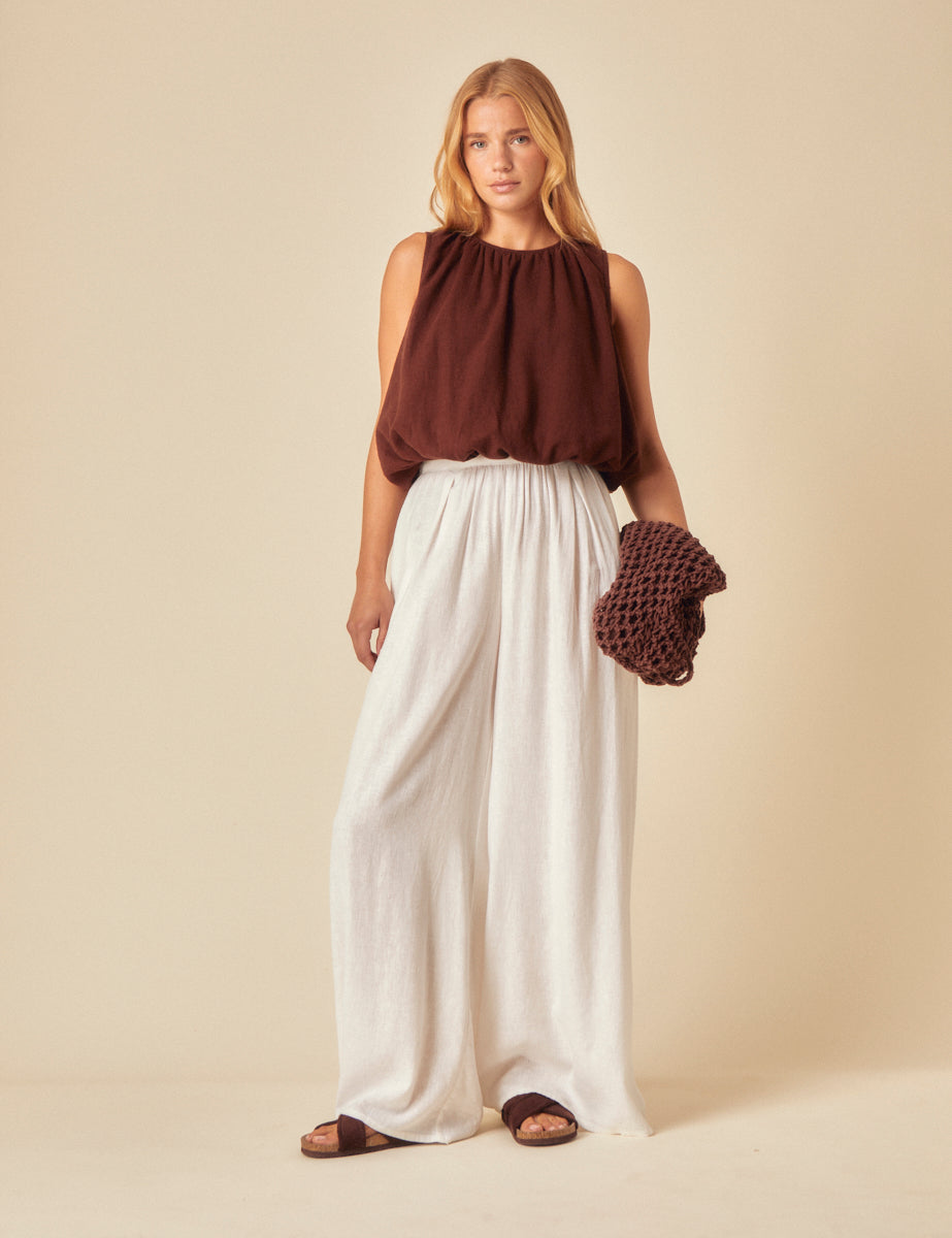 Brown Linen-Blend Bubble Hem Top