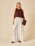 Brown Linen-Blend Bubble Hem Top