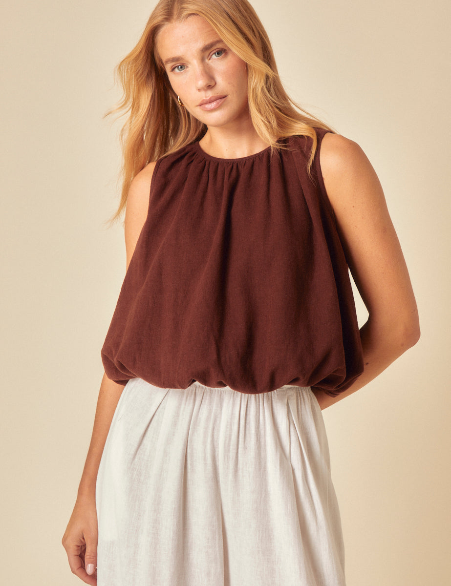 Brown Linen-Blend Bubble Hem Top