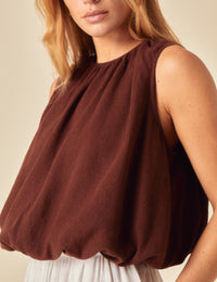 Brown Linen-blend Bubble Hem Top