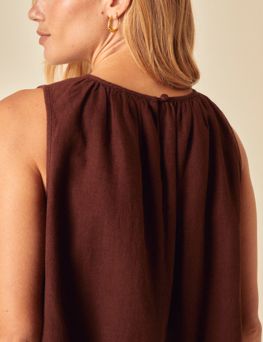 Brown Linen-Blend Bubble Hem Top