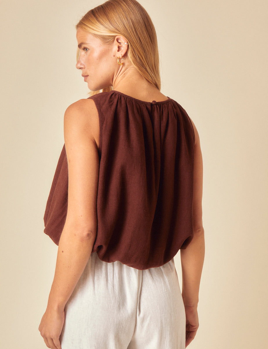 Brown Linen-Blend Bubble Hem Top