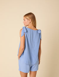 Blue Linen-blend Tie Shoulder Swing Top