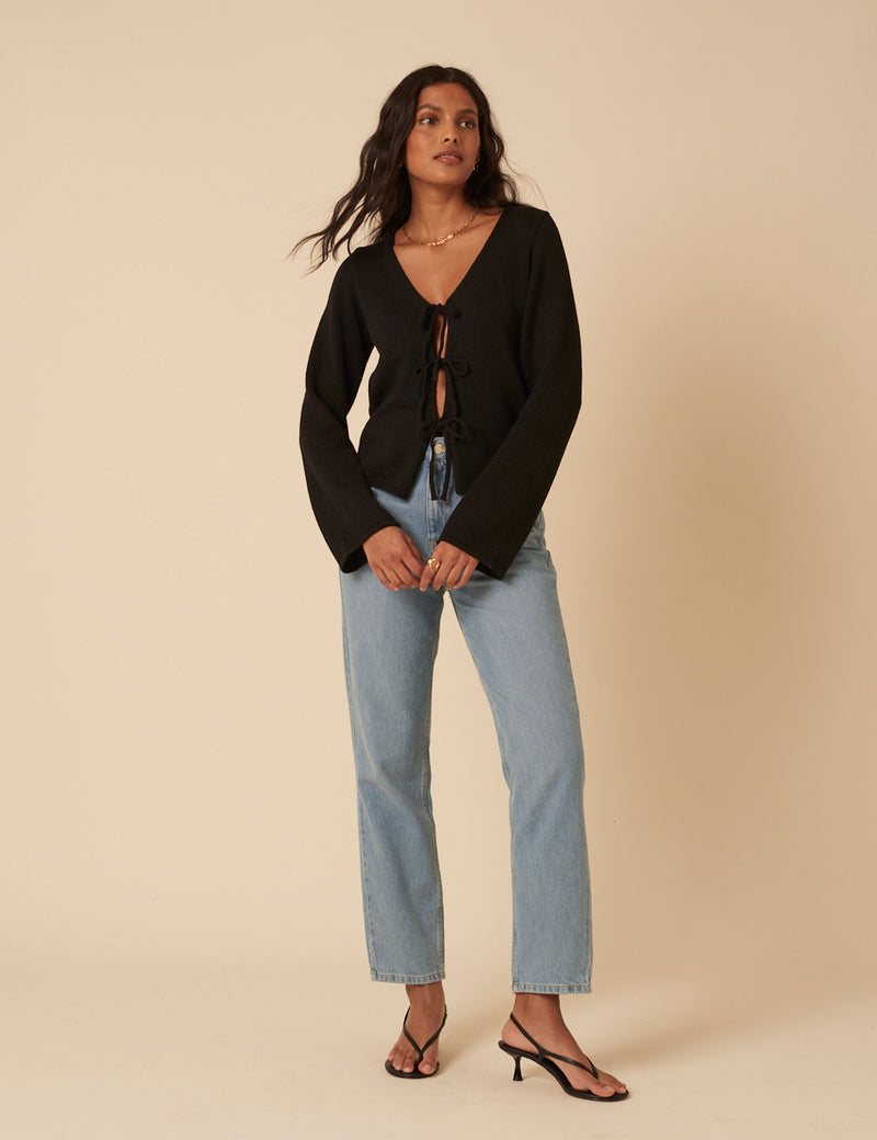 Black Tie Front Knitted Cardigan