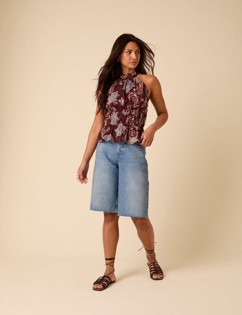 Burgundy Floral Halterneck Top