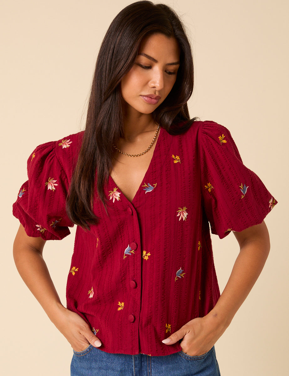 Red Embroidered Puff Sleeve Top Red Embroidered Puff Sleeve Top