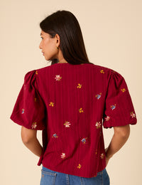 Red Puff Sleeve Embroidered Blouse