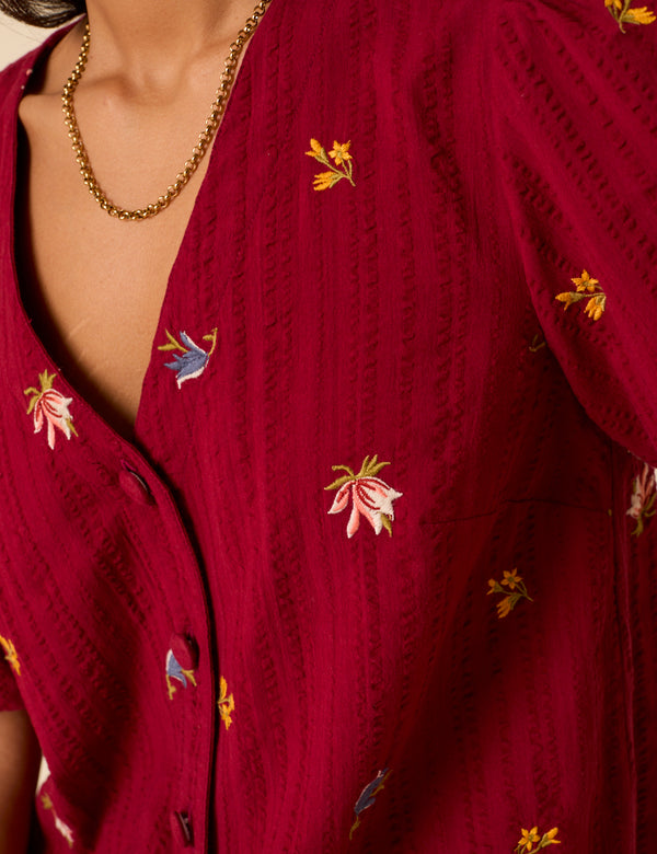 Red Puff Sleeve Embroidered Blouse