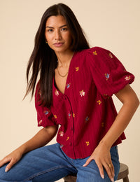 Red Puff Sleeve Embroidered Blouse