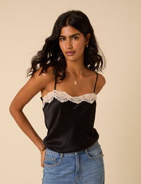 Black Satin Lace Cami Top