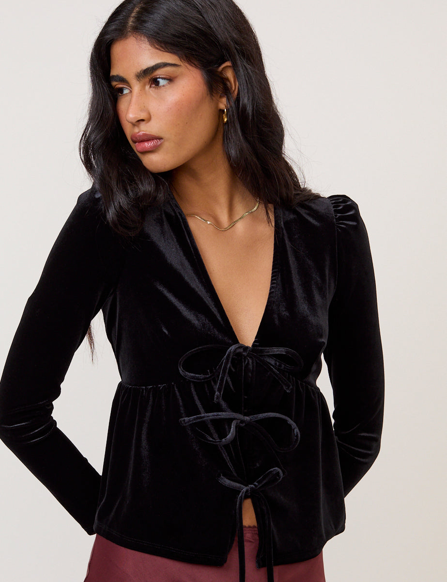 Black Velvet Tie Front Top
