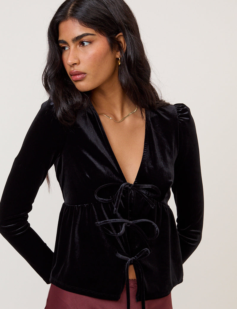 Black Velvet Tie Front Top