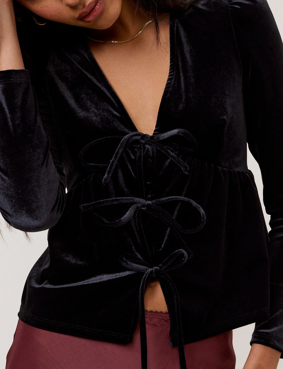 Black Velvet Tie Front Top