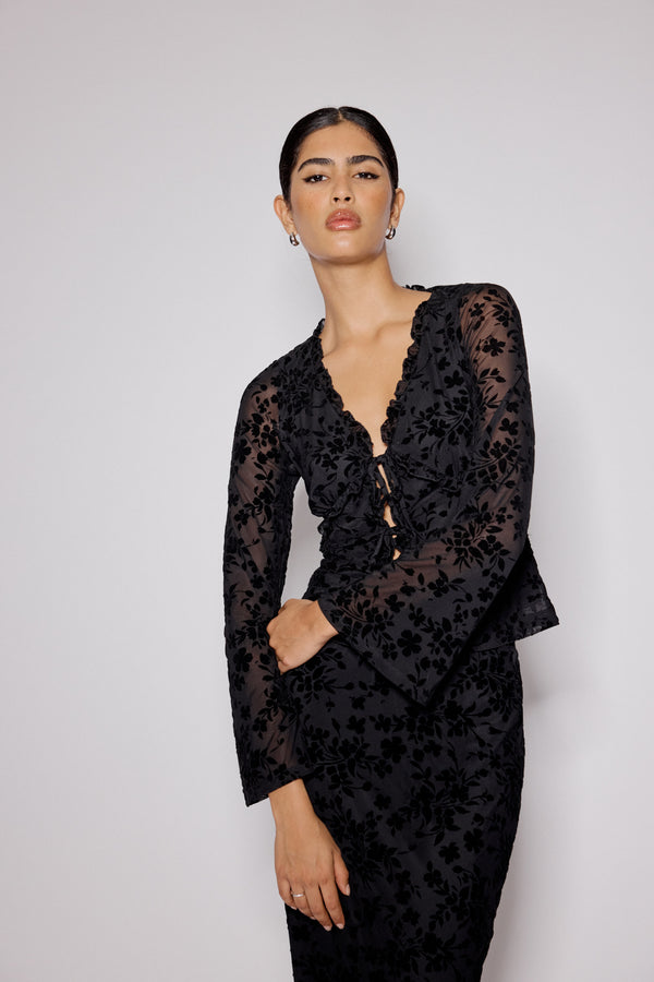 Black Floral Jacquard Frill Top