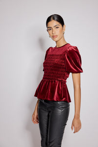 Red Velvet Puff Sleeve Peplum Top