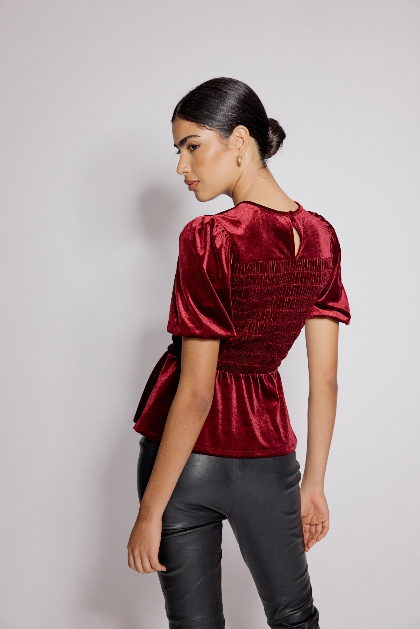 Red Velvet Puff Sleeve Peplum Top