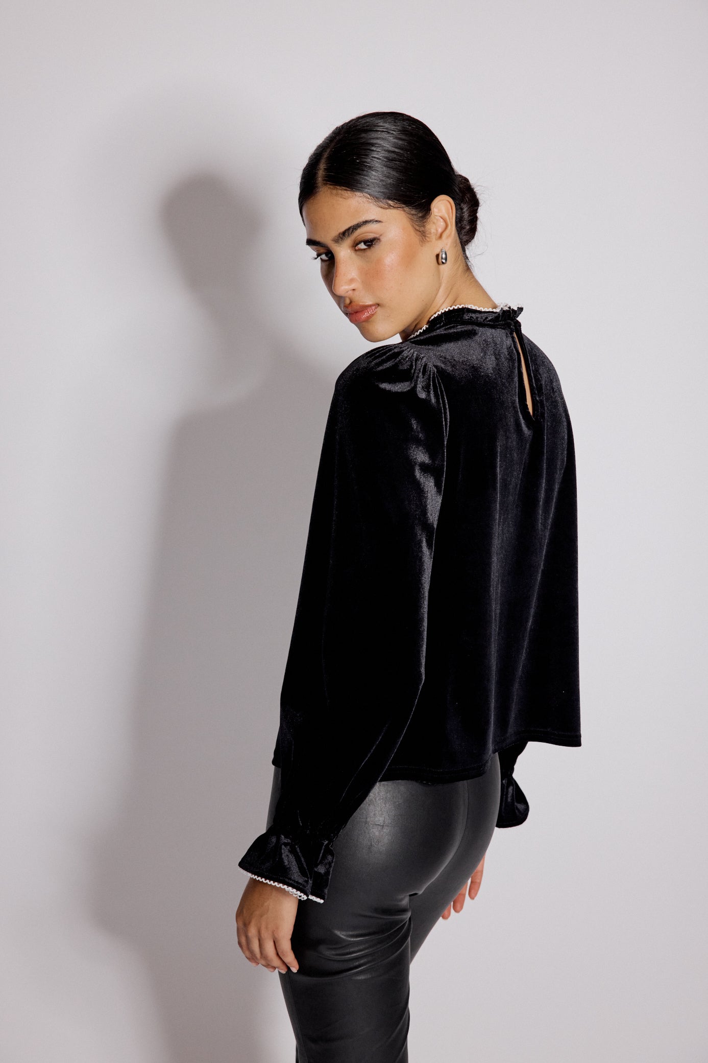 Black Velvet Frill Trim Blouse