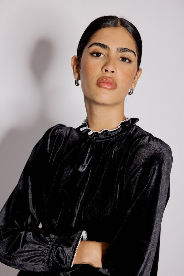 Black Velvet Frill Trim Blouse