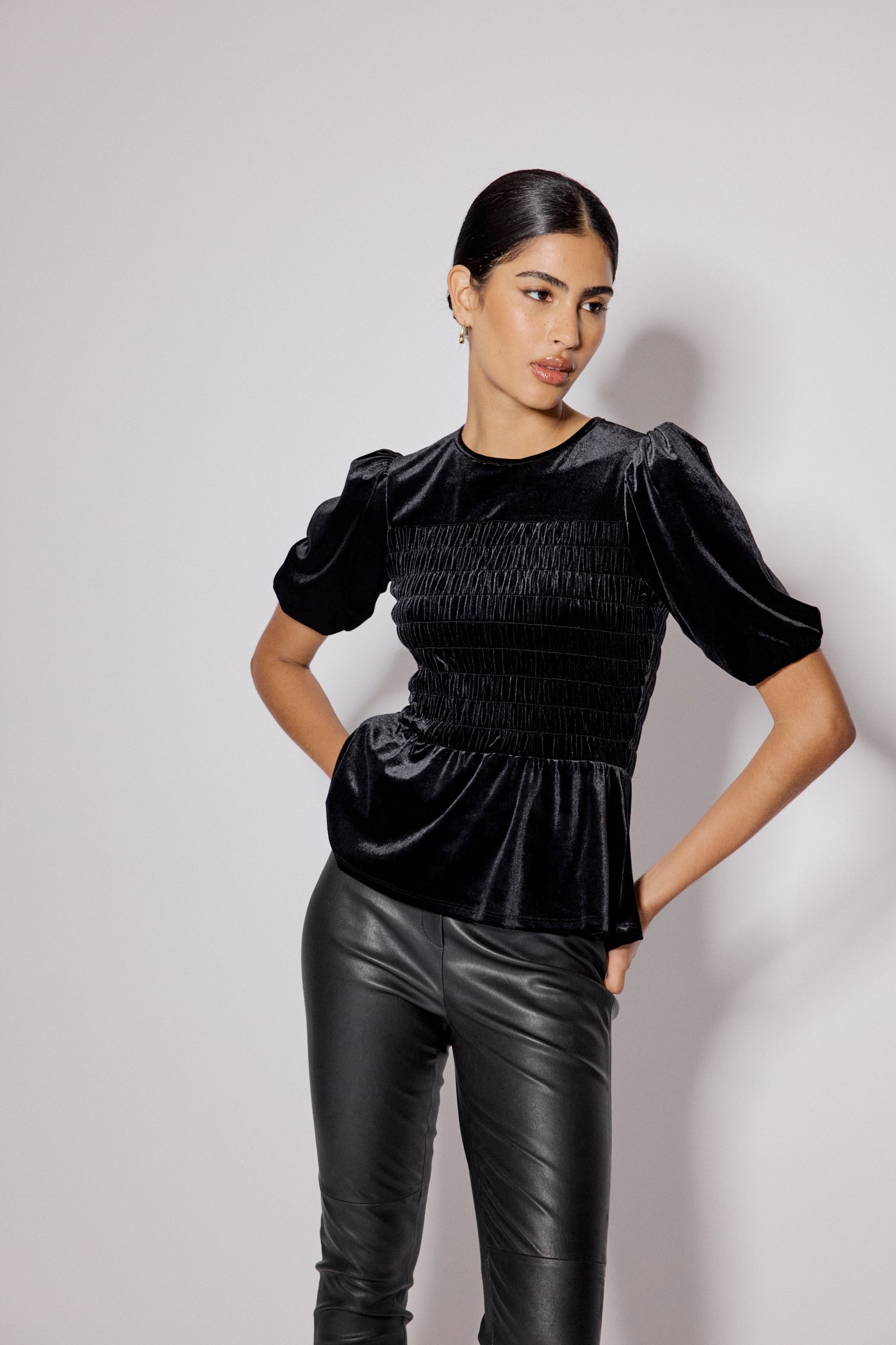 Black Velvet Puff Sleeve Peplum Top