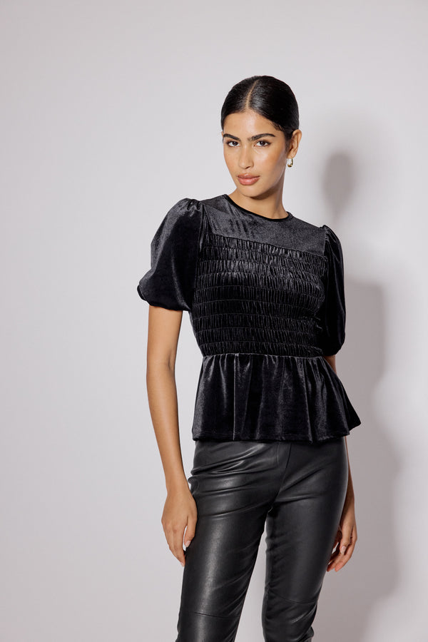 Black Velvet Puff Sleeve Peplum Top
