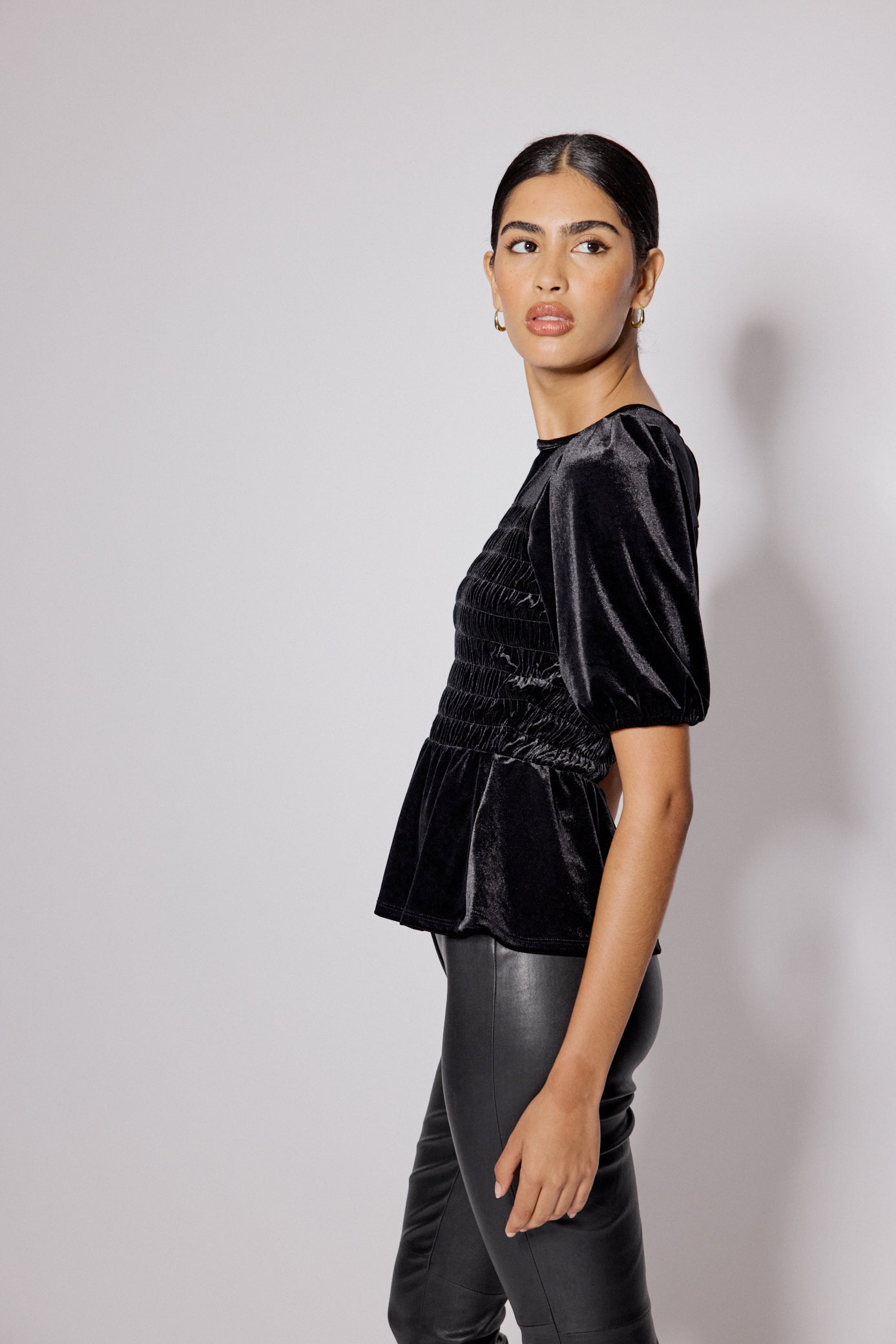 Black Velvet Puff Sleeve Peplum Top