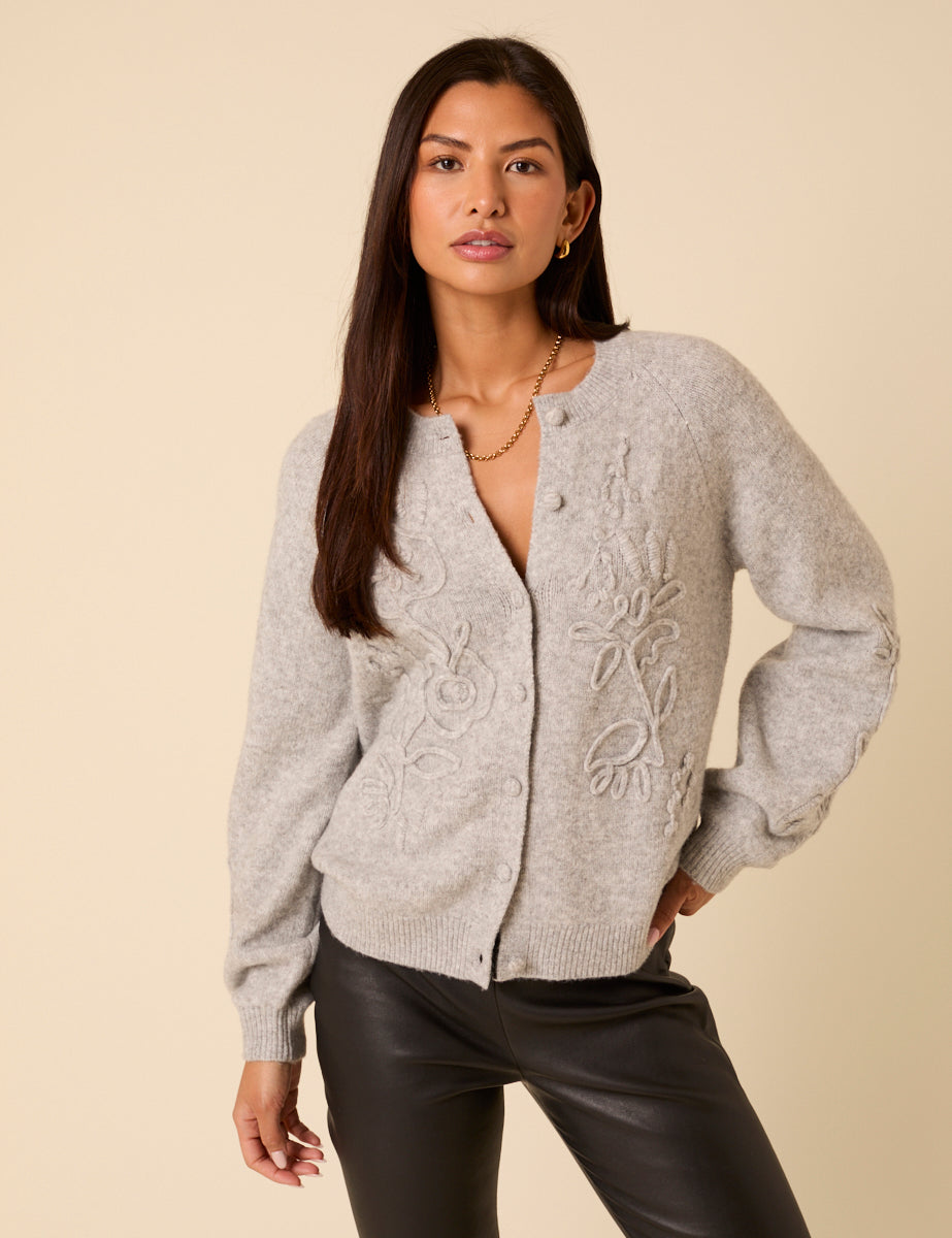 Grey Floral Embroidered Crew Neck Cardigan