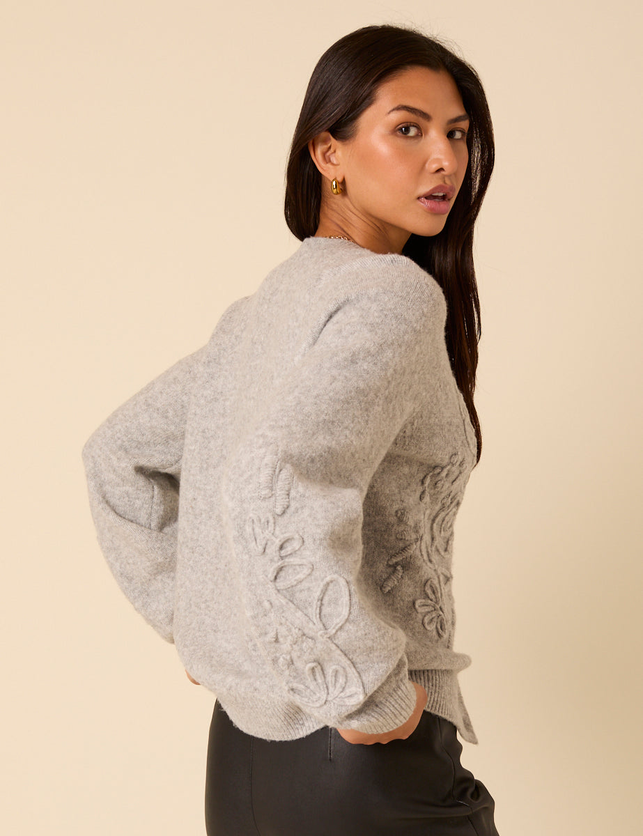 Grey Floral Embroidered Crew Neck Cardigan