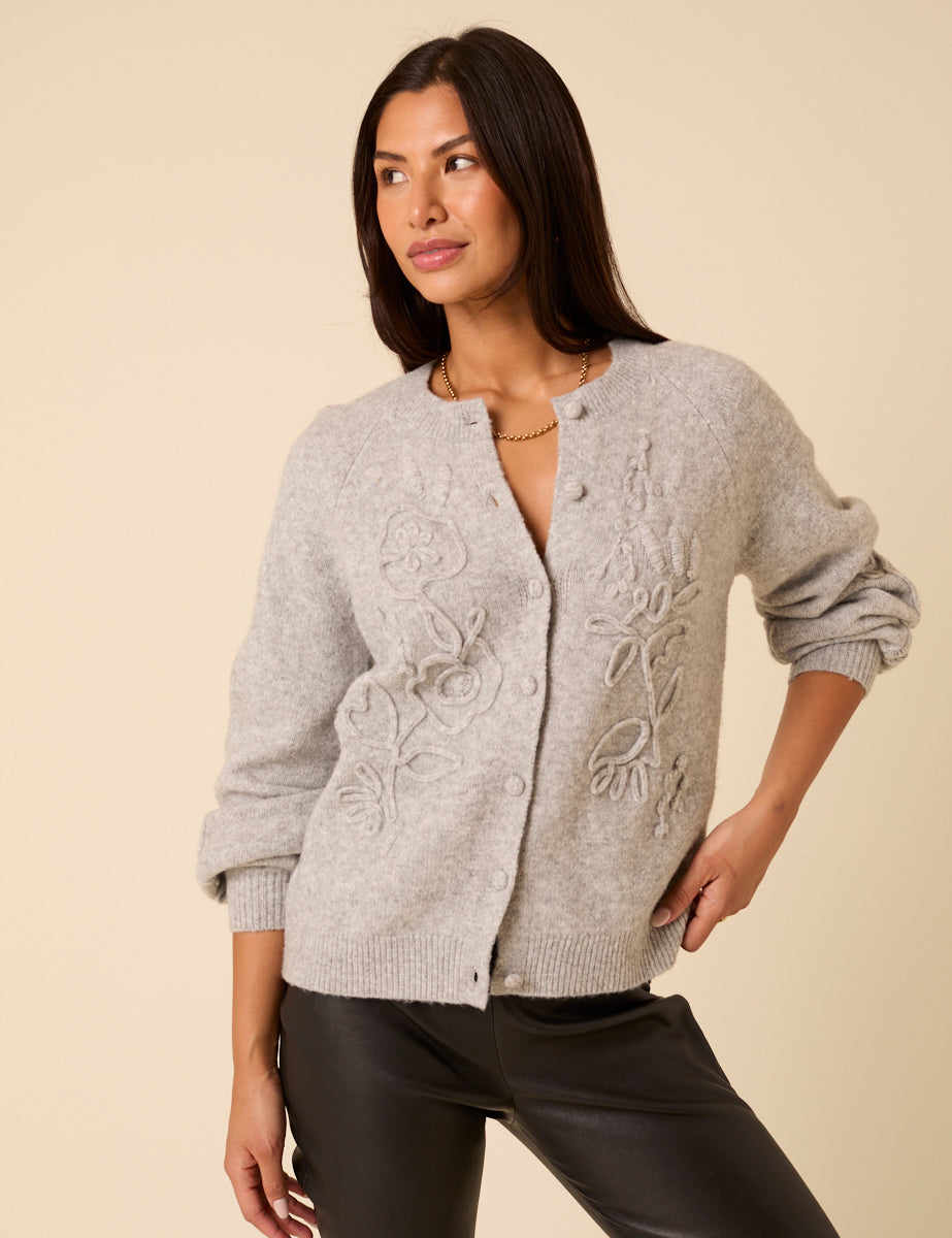 Grey Floral Embroidered Crew Neck Cardigan