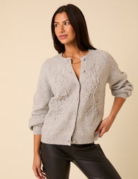 Grey Floral Embroidered Crew Neck Cardigan