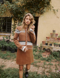 Brown And White Fair Isle Collared Cardigan