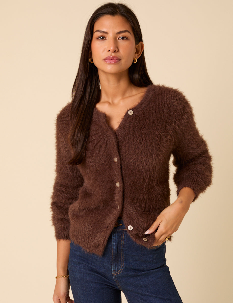 Brown Fluffy Long Sleeve Knitted Cardigan