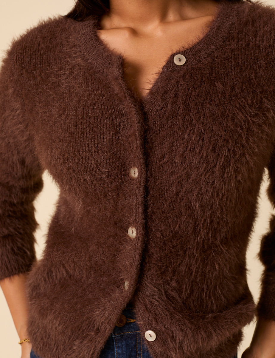 Brown Fluffy Long Sleeve Knitted Cardigan