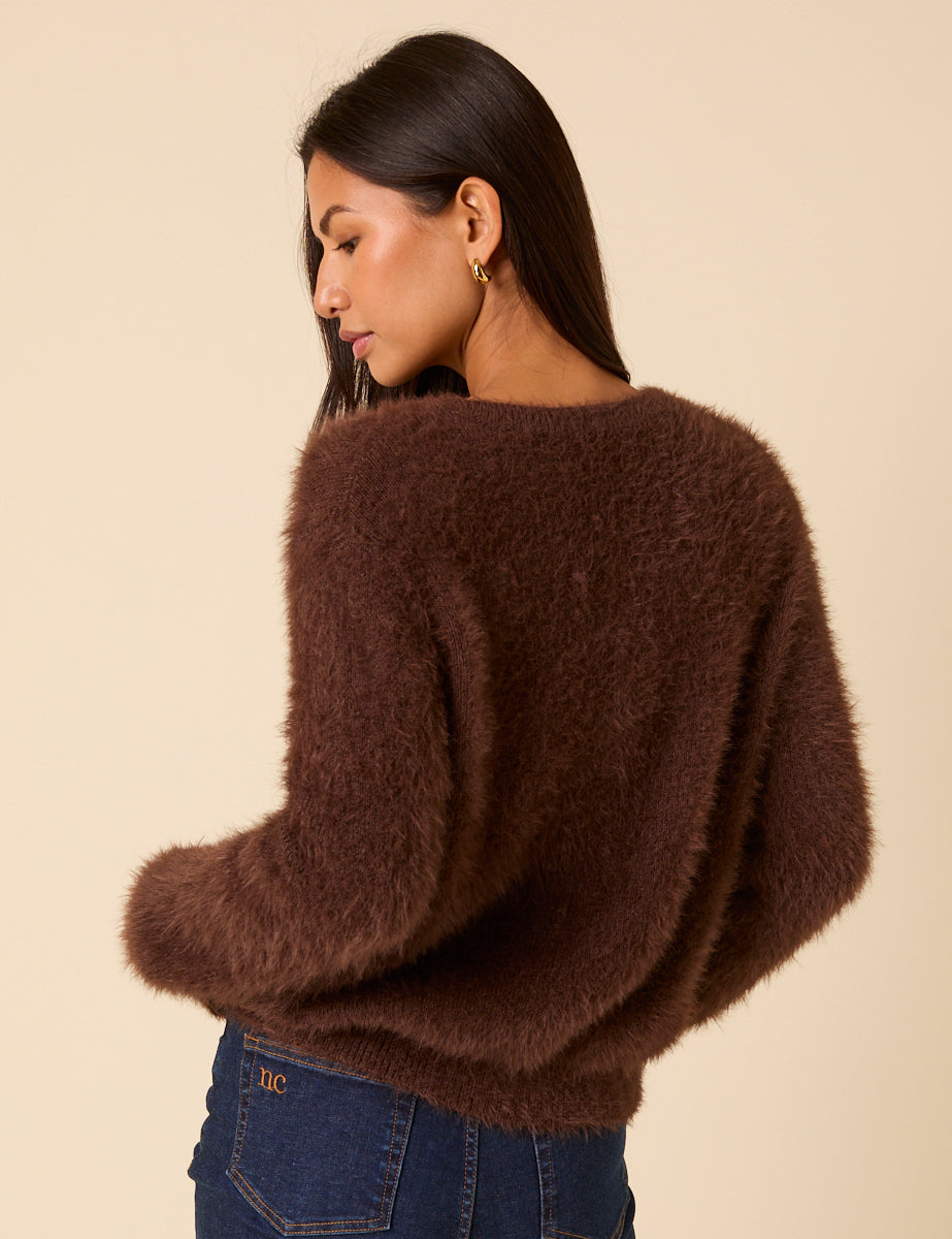 Brown Fluffy Long Sleeve Knitted Cardigan