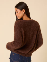Brown Fluffy Long Sleeve Knitted Cardigan