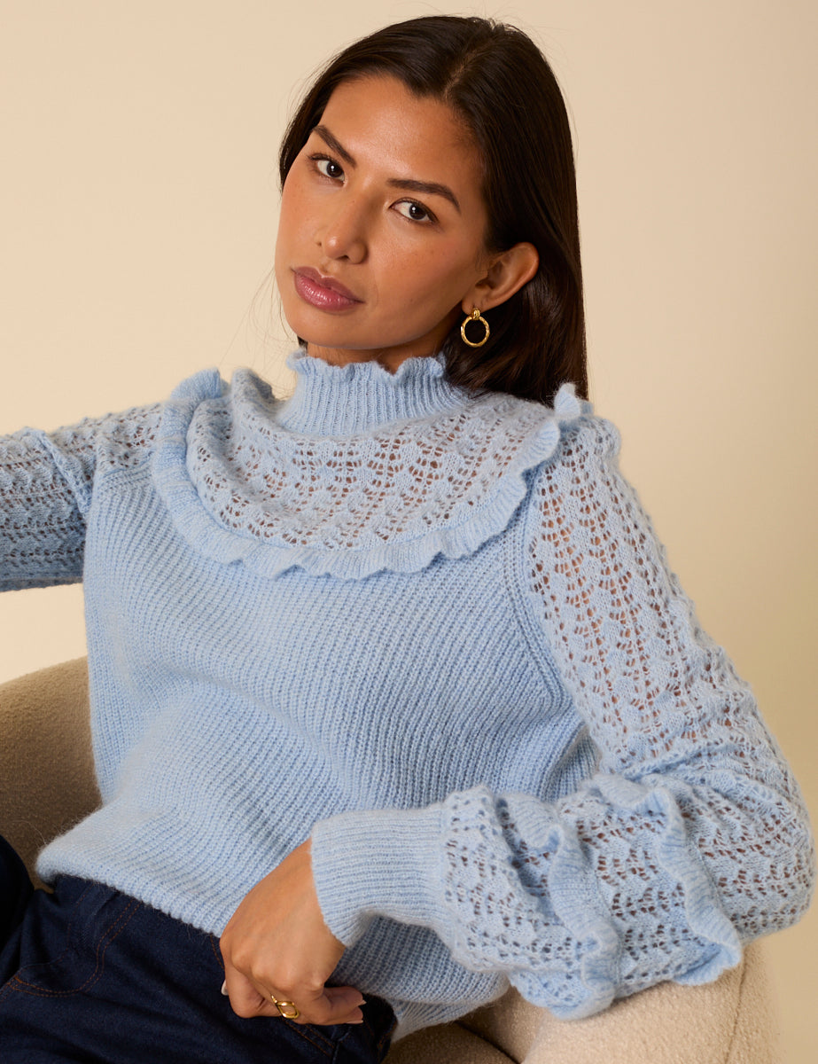 Light Blue Ruffle Pointelle Knitted Jumper