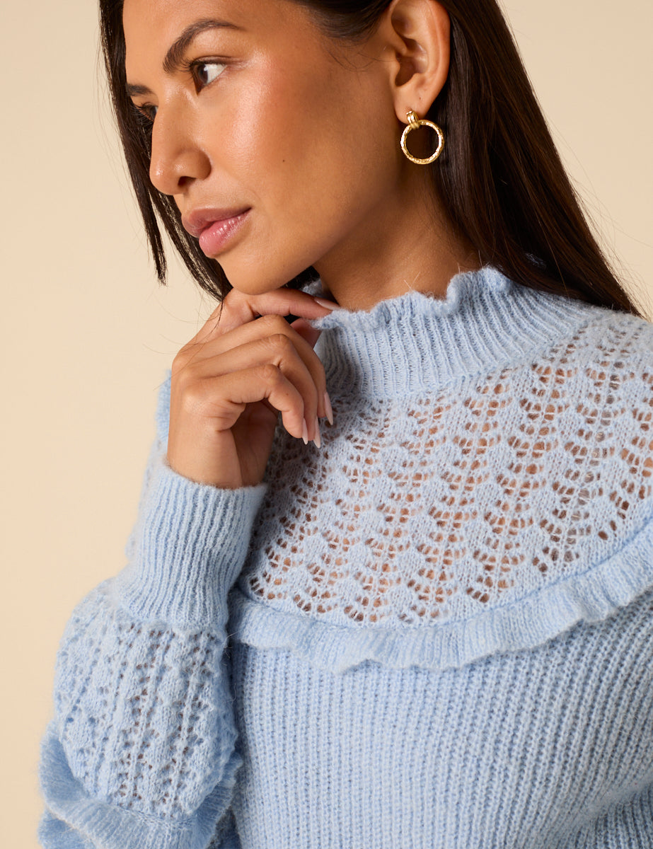 Light Blue Ruffle Pointelle Knitted Jumper