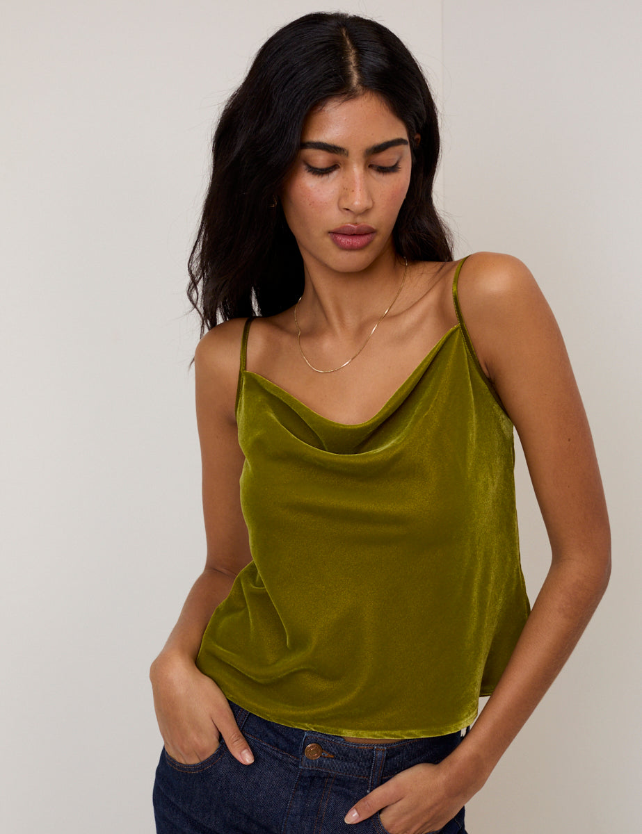 Green Velvet Cowl Neck Cami Top
