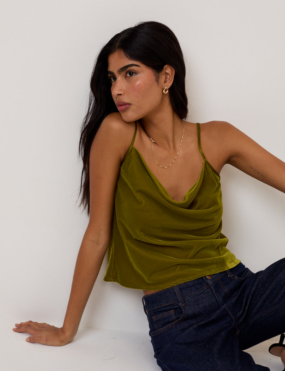 Green Velvet Cowl Neck Cami Top