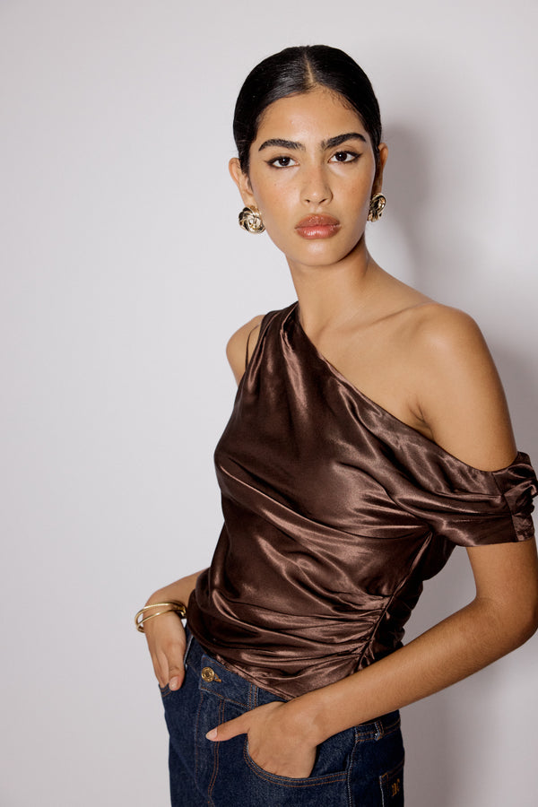 Brown Satin Asymmetric Top