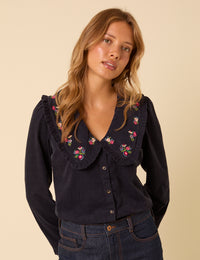 Navy Cord Floral Embroidered Blouse