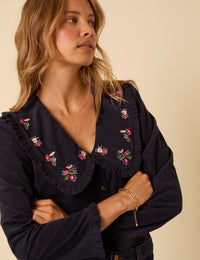Navy Cord Floral Embroidered Blouse