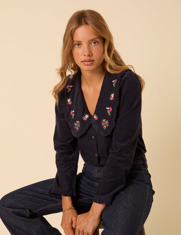 Navy Cord Floral Embroidered Blouse