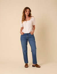 White Short Sleeve Button Down Blouse