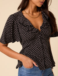 Black Ditsy Floral V-Neck Blouse