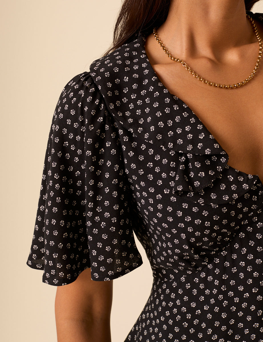 Black Ditsy Floral V-Neck Blouse