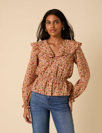 Pink Floral Frill Collar Top