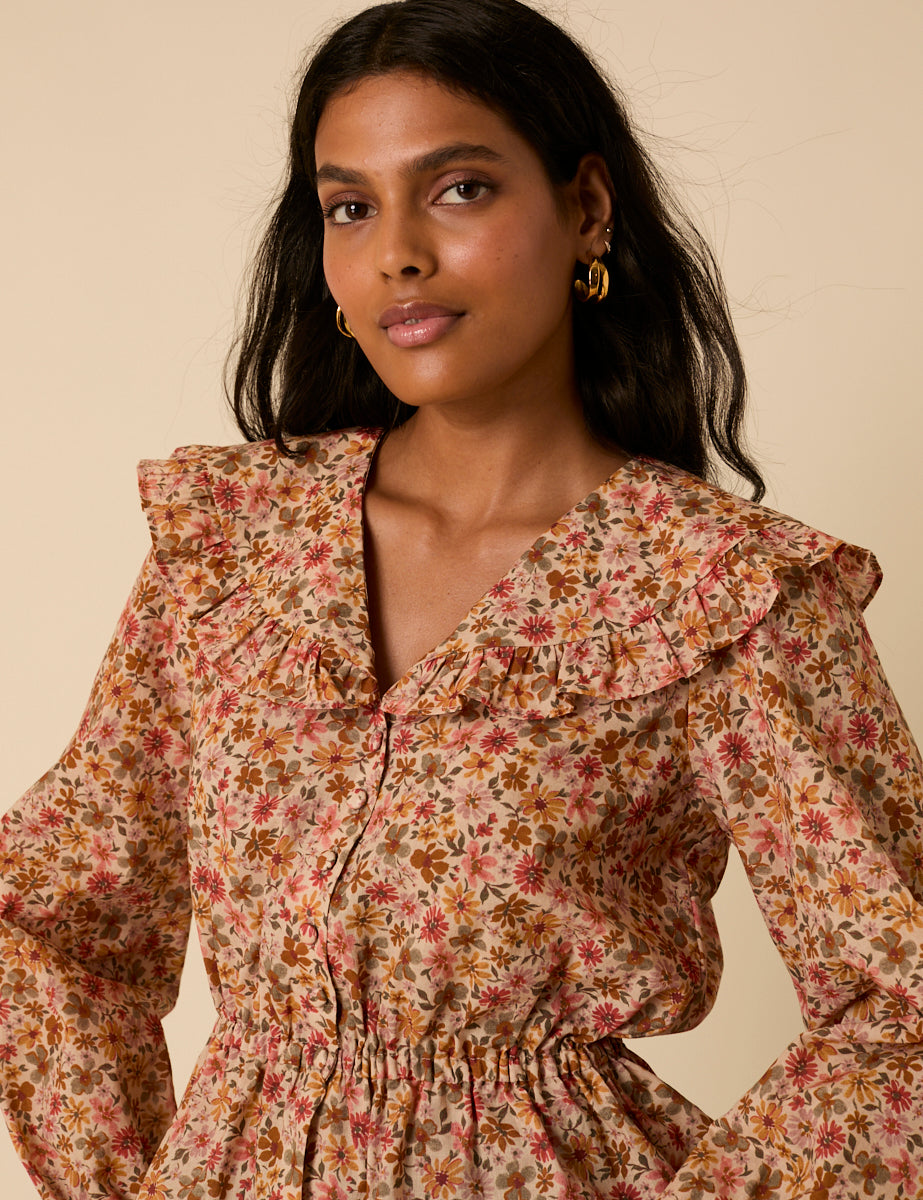 Pink Floral Frill Collar Top