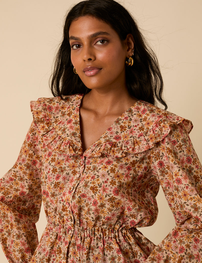 Pink Floral Frill Collar Top